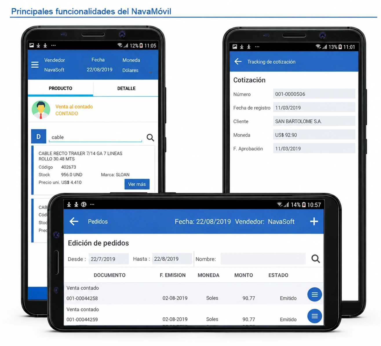 Principales funcionalidades de NavaMóvil: productos, cotizaciones y pedidos desde dispositivos móviles