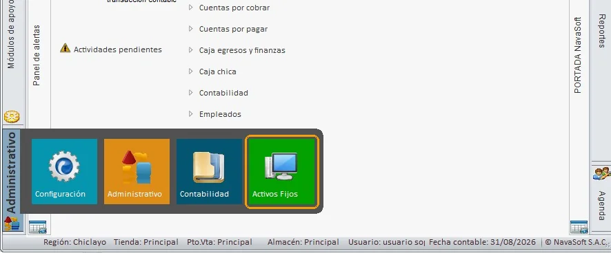 Panel administrativo de NAVASOFT con el acceso al módulo de Activos Fijos resaltado