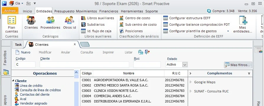 Catálogo de clientes en NAVASOFT ERP con operaciones de cuenta corriente, con datos de ejemplo