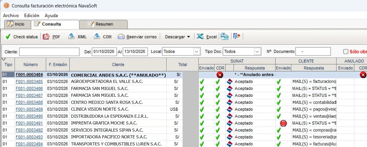 Consola de facturación electrónica de NAVASOFT ERP con el estado de envío a SUNAT de cada comprobante