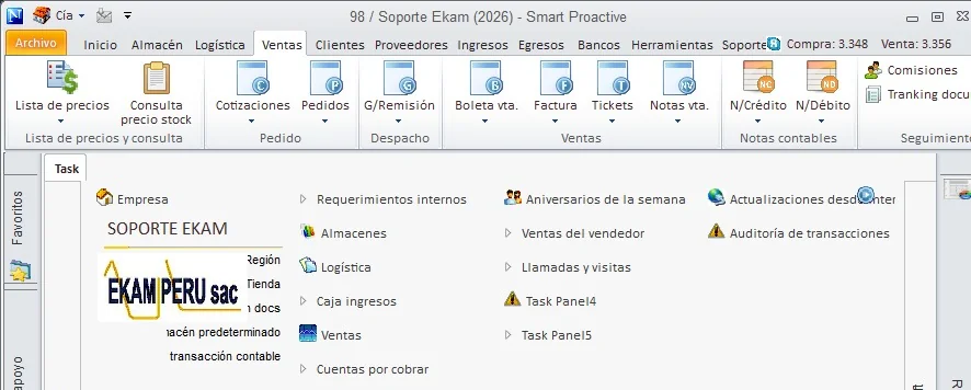 Pantalla principal de NAVASOFT ERP con la cinta de módulos y el panel de tareas