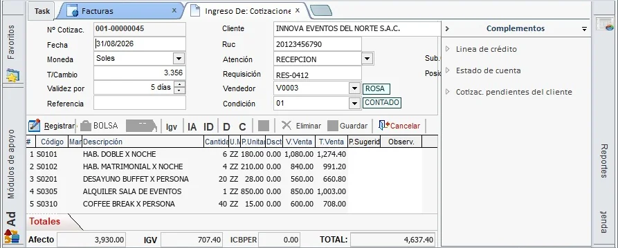 Cotización en NAVASOFT con habitaciones, desayunos y sala de eventos para un cliente de ejemplo