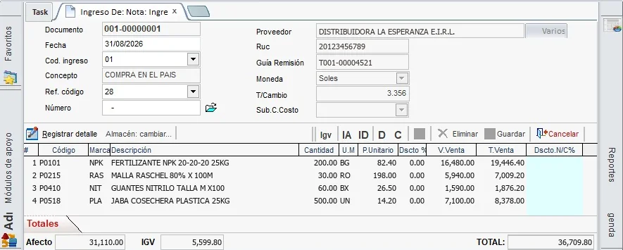 Nota de ingreso de mercadería en NAVASOFT ERP con un proveedor de ejemplo