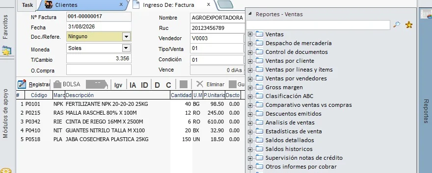 Panel de reportes de ventas de NAVASOFT ERP con las consultas disponibles