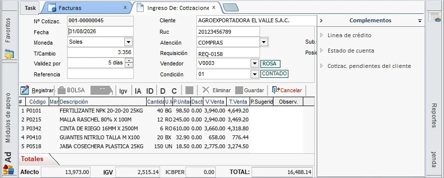 Cotización en NAVASOFT ERP con datos de un cliente de ejemplo